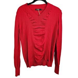 NWT CNC Costume National Red Ruffle Front V Neck Sweater Size XS